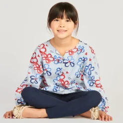 Tuniek met lange mouwen, blauw gestreept en bloemenprint meisjes
