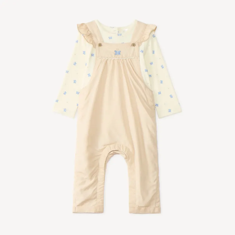 Tweedelige set met een tuinbroek en een T-shirt met lange mouwen bedrukt met vlinders voor baby meisjes.