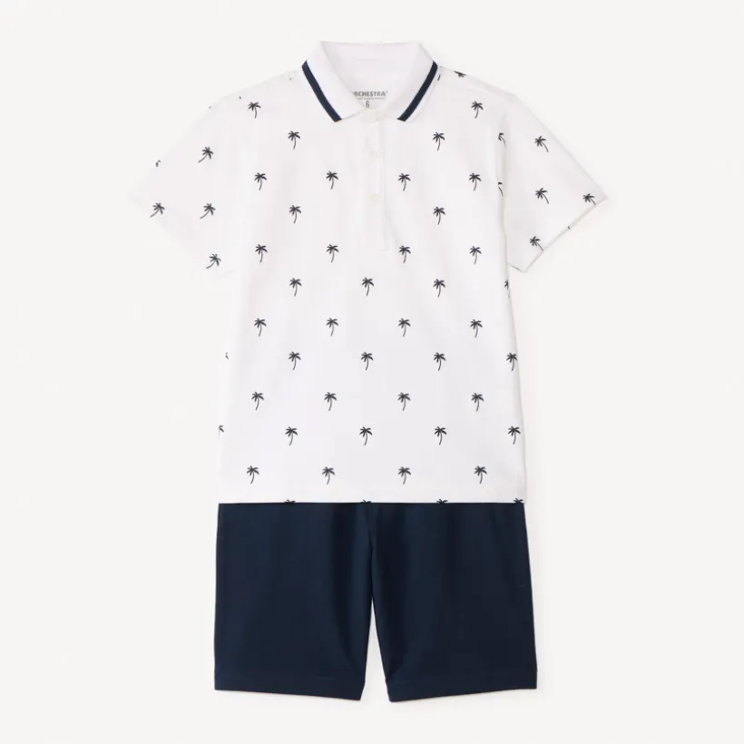 Tweedelige set met korte mouwen polo + bermuda met palmprint jongens