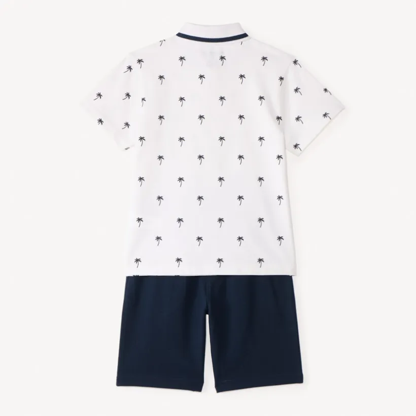 Tweedelige set met korte mouwen polo + bermuda met palmprint jongens