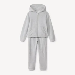 Tweedelig fleece joggingpak meisjes in effen lichtgrijs gemêleerde kleur