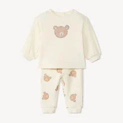Tweedelig honigraat joggingpak met beerprint voor baby
