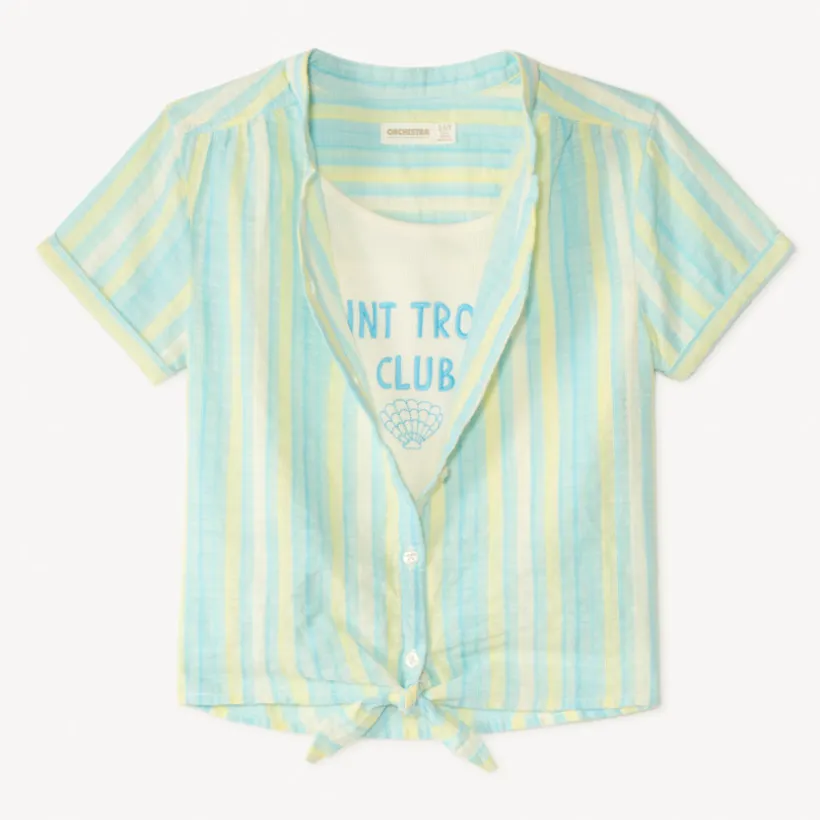 Twee-delig set met korte mouwen overhemd + fancy crop top meisjes