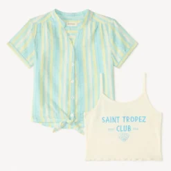 Twee-delig set met korte mouwen overhemd + fancy crop top meisjes