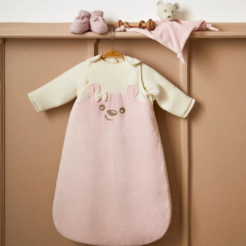 Velours slaapzak met afneembare mouwen, borduursel met teddybeer, TOG 3 voor meisjesbaby.