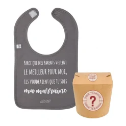 Verrassingsdoos met donkergrijs slabbetje en aankondiging Ma Marraine