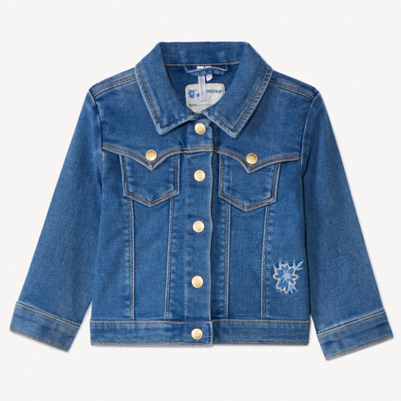 Vest met jeanslook en geborduurde bloemen op de rug voor babymeisje