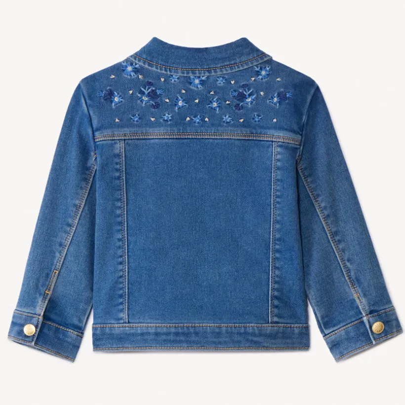 Vest met jeanslook en geborduurde bloemen op de rug voor babymeisje