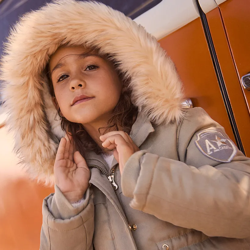 Waterafstotende parka met kap en afneembare nepbont meisjes