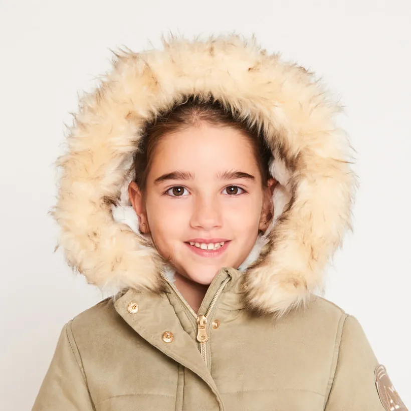 Waterafstotende parka met kap en afneembare nepbont meisjes