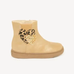 Zwarte en elastische enkelboots voor meisjes met een leopardprint hartmotief.